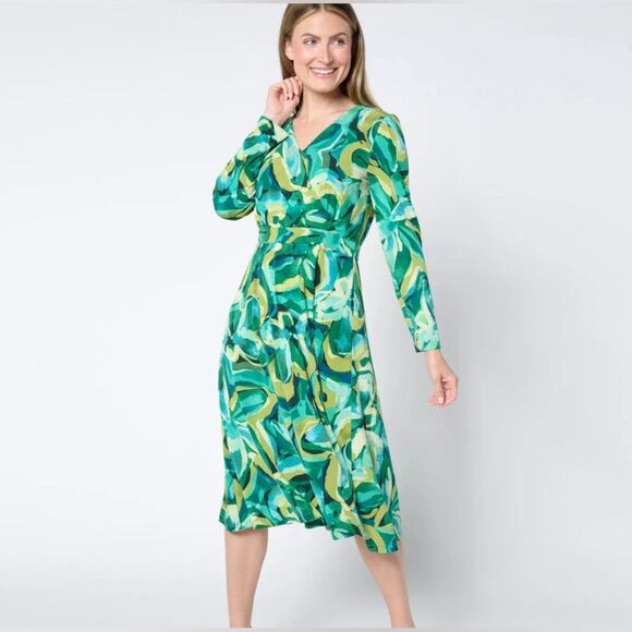 Susan Graver shades of green long sleeve wrap top midi dress size medium petite - Picture 1 of 8